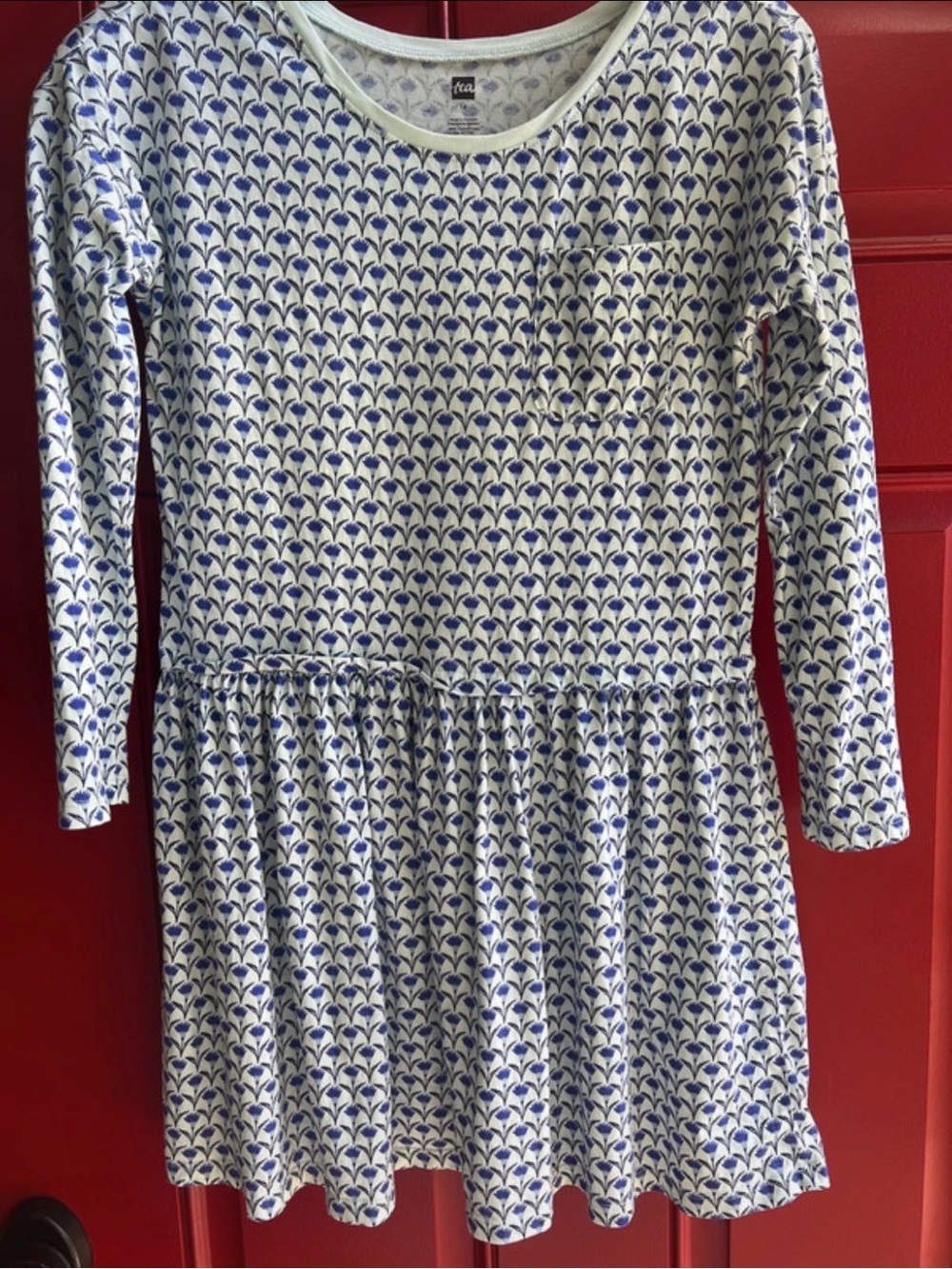Tea Collection Blue and White Floral-Print Long Sleeve Dress